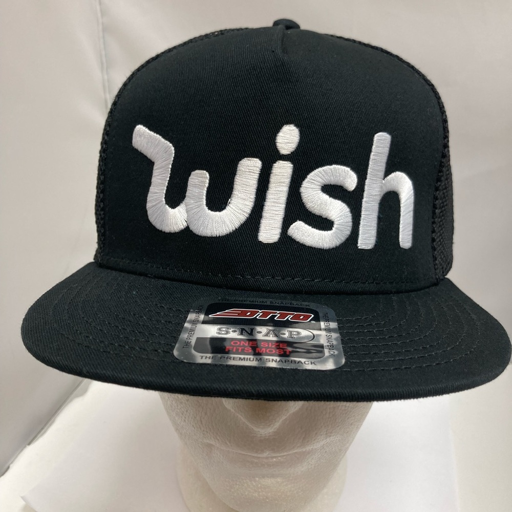 WISH Spell Out Black & White Mesh Snapback Trucker Hat Cap Streetwear